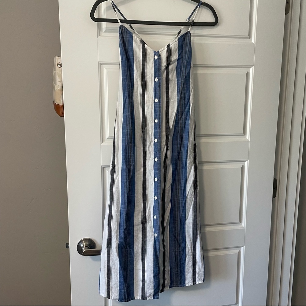 Lucky Brand Blue White and Black Stripe Midi Button Down Cotton Dress XS